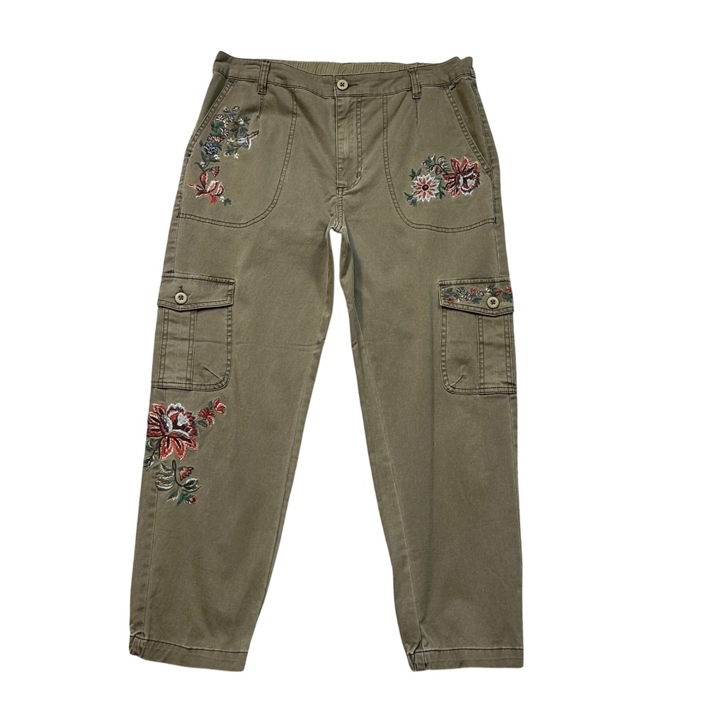 Sundance Cargo Pants Floral Embroidered Joggers 8 Olive Green Boho Utility